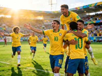 巴西国家男子足球队在绿茵场上庆祝进球的精彩瞬间，球员身着经典黄色球衣